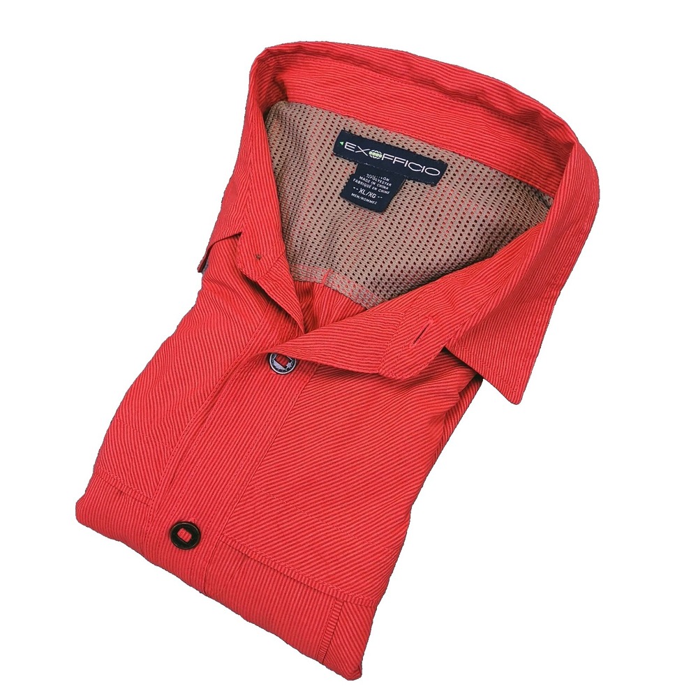 ExOfficio Hiking‎ Shirt Mens XL Button Up Red Nylon Blend Micro Striped Vented